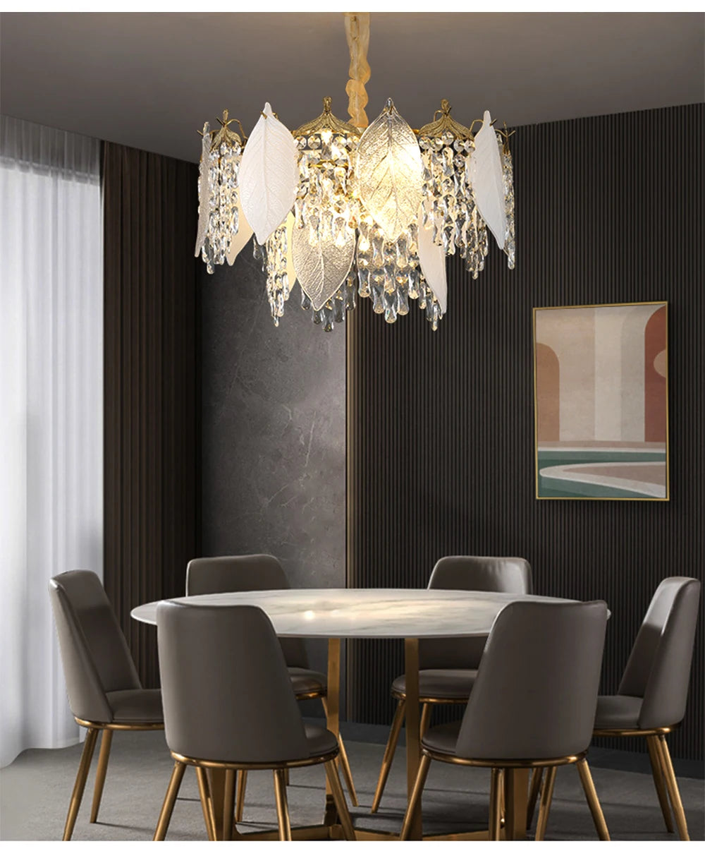 Luxury Porcelain Glass Leaves Chandelier Modern Crystal Hanging Lamps Home Decor Lighting Lustre Villa Living Room Pendant Light