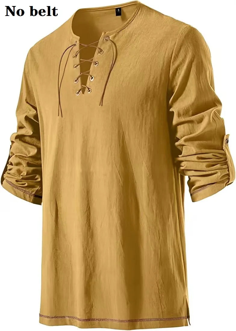 Men Medieval Lace Up Linen Long Sleeve Tunic Viking Pirate Renaissance Cosplay Shirt With Vintage Embossed Leather Belt