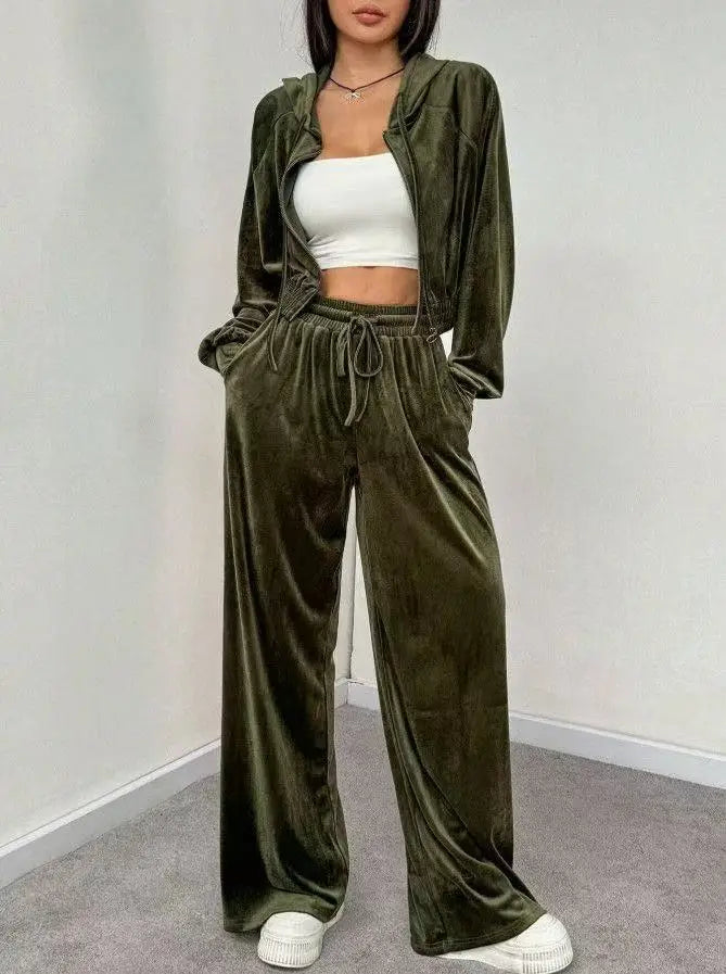 Women's Pink Velvet 2-Piece Activewear Set Zip Cropped Hoodie + Wide Leg Pants Fashionable Casual Waist Slimming Versatile Style