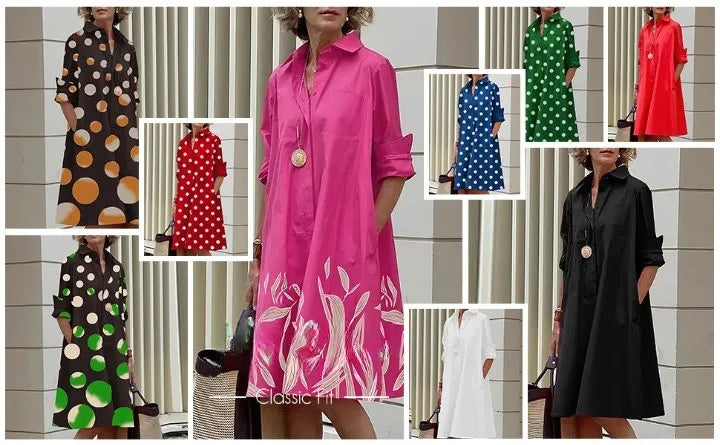 MCDV New Simple Women's Shirt Casual Queen Printed Long Sleeve Fashion Elegant Lapel Pocket Street Women's Dresses Noble Black