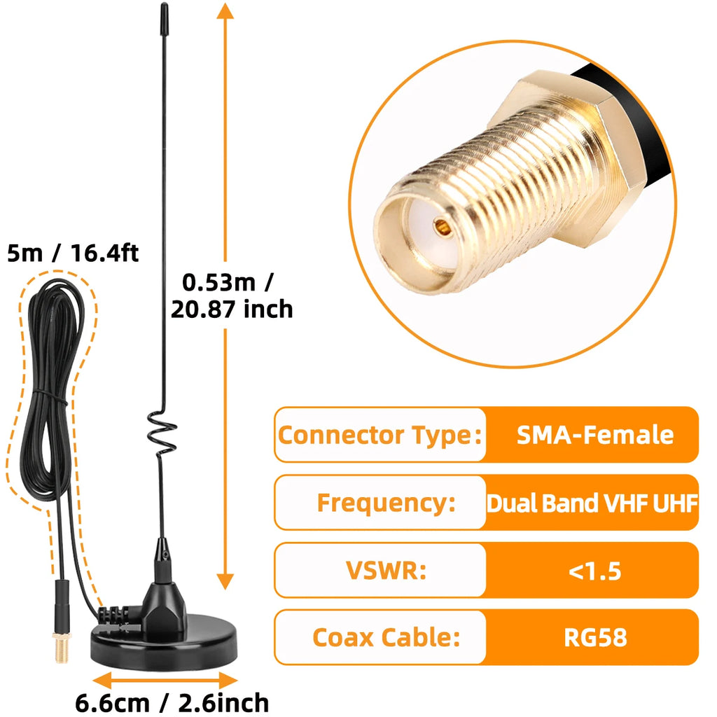 UT-106UV Car Antenna Walkie Talkie Magnetic SMA-Female VHF UHF On board Antenna for UV-5R 5RH 21 Pro Quansheng UV-K5 Ham Radio