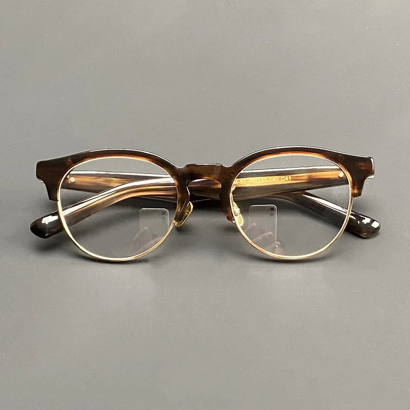 High quality acetate half frame glasses Men's round myopia prescription glasses spring legs pure titanium optical glasses frame