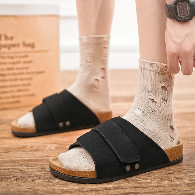 Men's Cork Slippers Suede Leather Clogs with Open Upper Comfort Footbed Adjustable Sandals Slides Indoor Home Shoes Women Couple