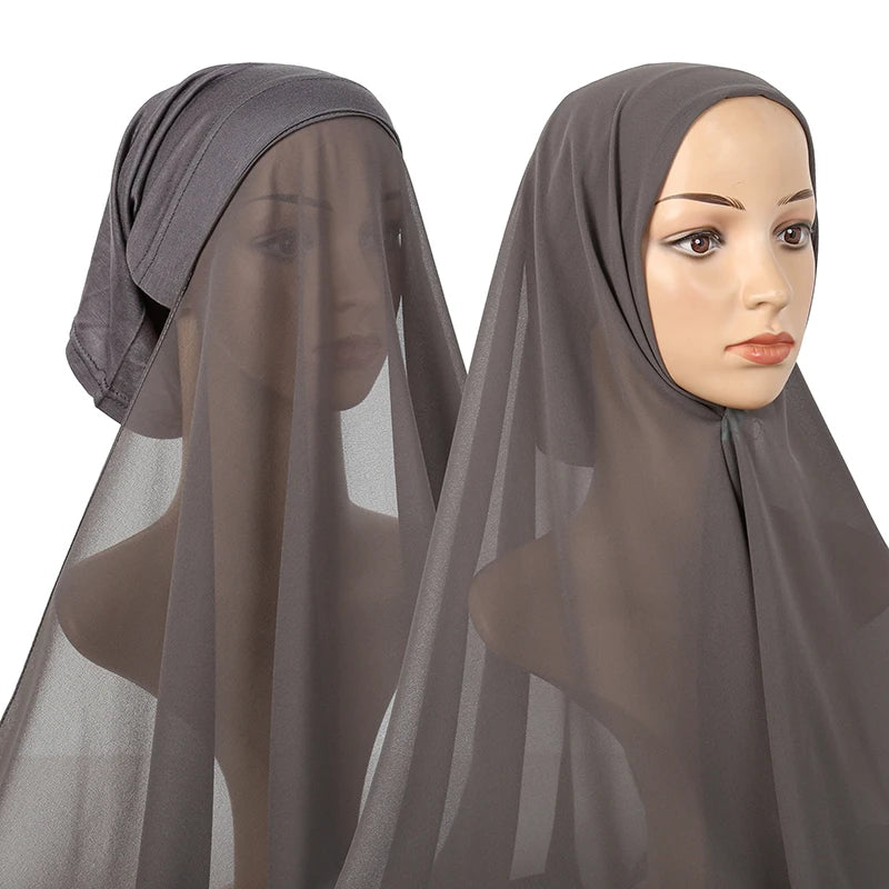 Instant Hijab with Tube Caps Women Premium Chiffon Hijab Muslim Soft Modal Cotton Open Caps Solid Colors Chiffon Shawl Turban