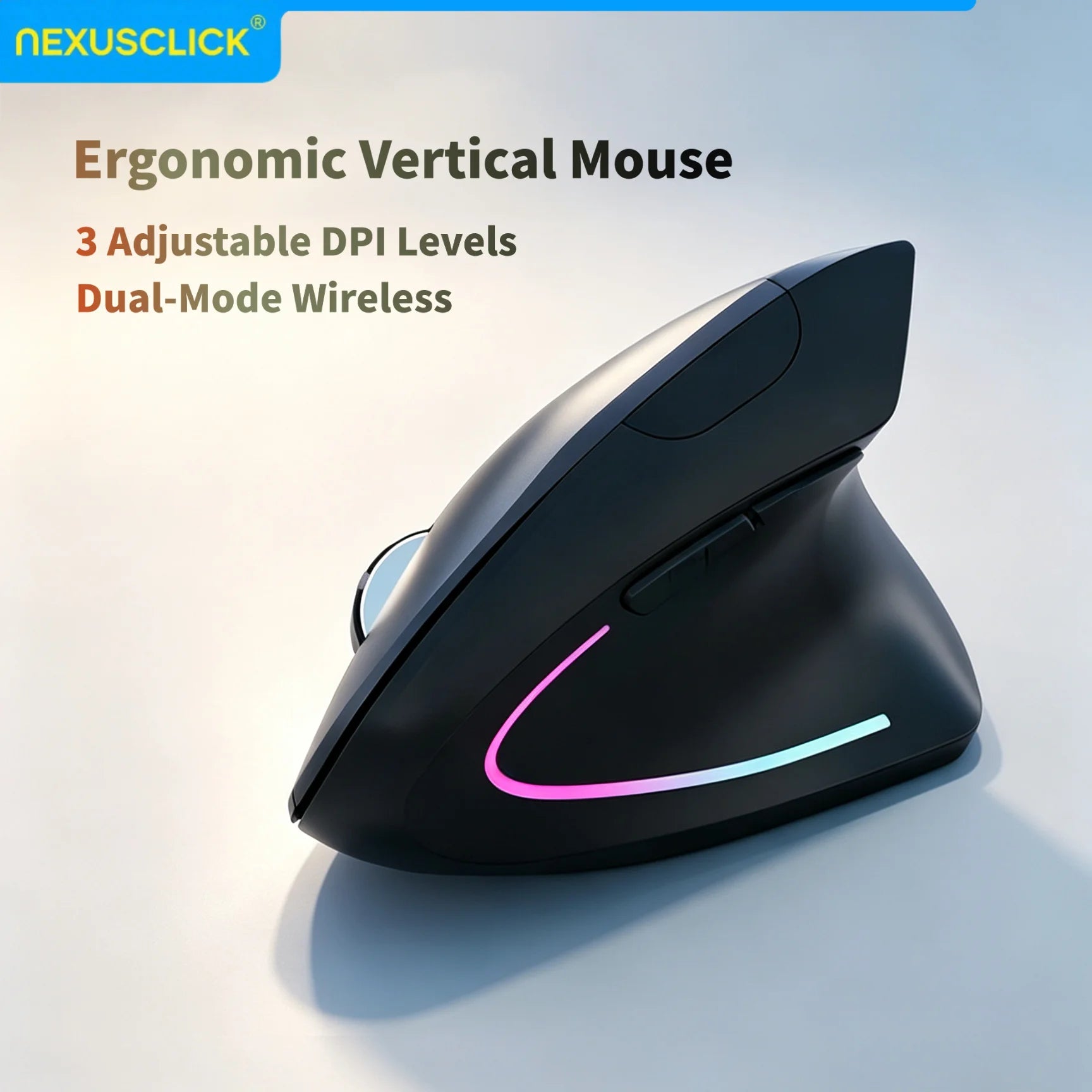 NexusClick Dual Mode Ergonomic Vertical Mouse,Rechargeable/AA Battery Powered,Adjustable DPI Mute Buttons RGB Mouse for Computer