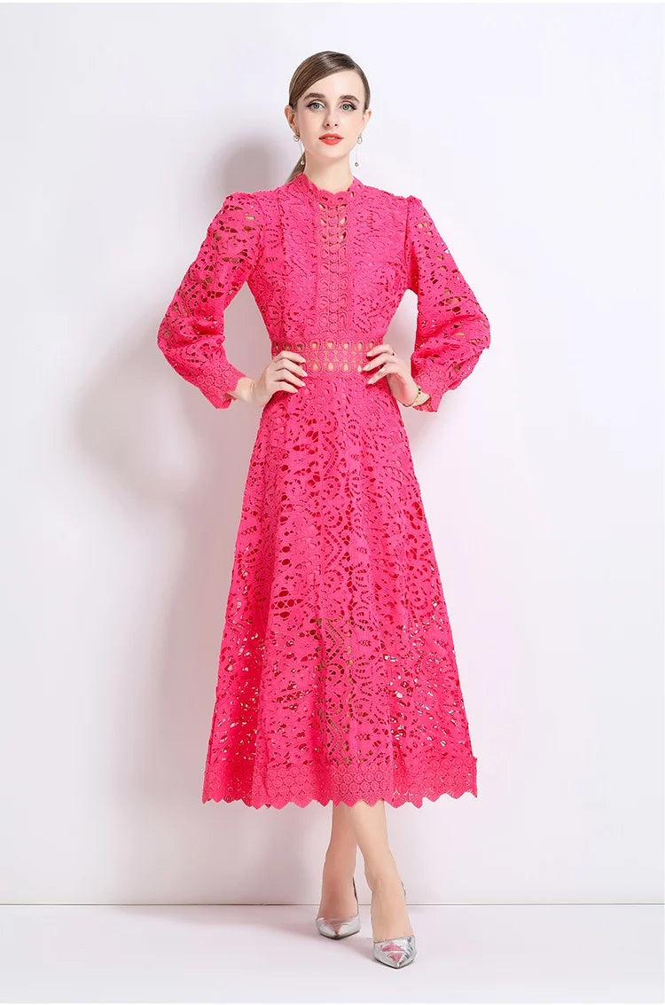 Solid Lace Holloe Out Slimming Elegant Dresses For Women Stand Collar Long Sleeve High Waist Minimalist Dress Female Fashion