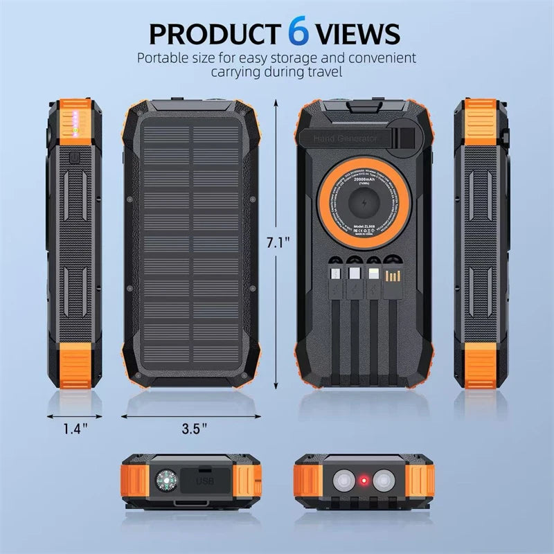 20000mAh Hand Crank Solar Power Bank with Light Magnetic Wireless 22.5W Fast Charging for iPhone 17 16 iWatch Airpods Powerbank