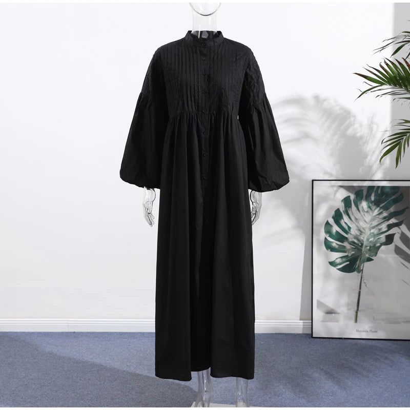 Solid Color Loose Fit Flare Sleeve Tiered Dress Crew Neck Ruffle Hem Pleated Long Maxi Dresses 2026 Spring Chic Casual Outwear