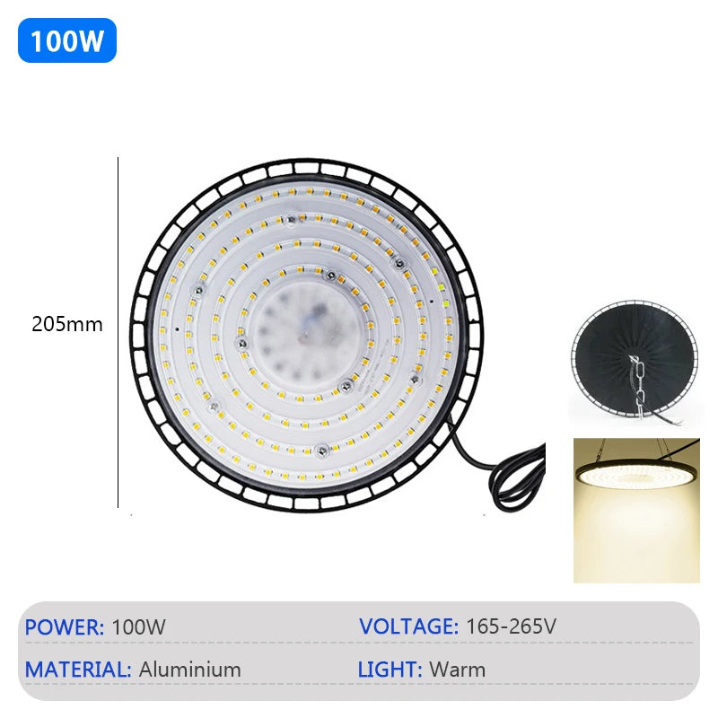 High Bay Lights 100/150/200W 220V Super Bright 6000K UFO LED Waterproof Commercial Market Warehouse Garage Industrial Lighting