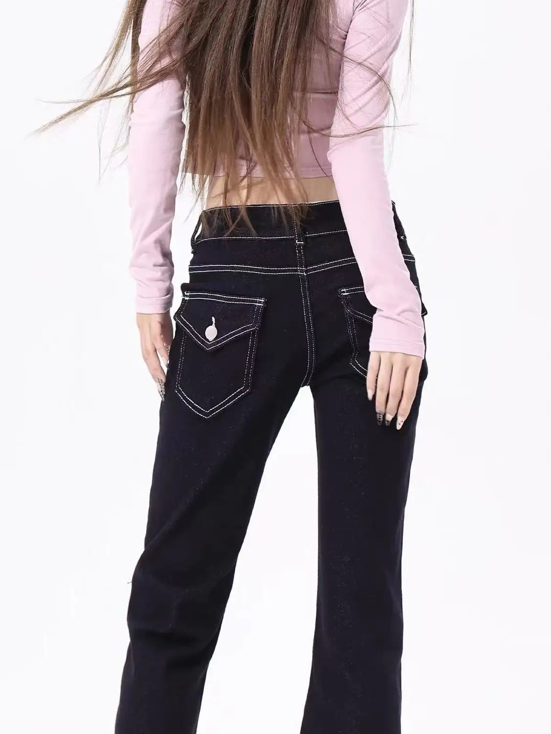Y2K Women Low Waist Micro Flare Jeans Black Contrast Stitch Denim Pants Double Button Slim Retro Streetwear Bootcut Trousers