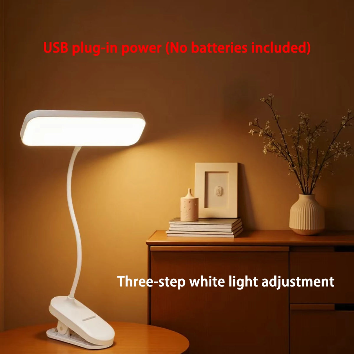 Clip-On Desk Lamp with Eye Care, USB Rechargeable & Plug-in Dimmable LED Light, Adjustable Study Lamp for College Dorm, Bedroom