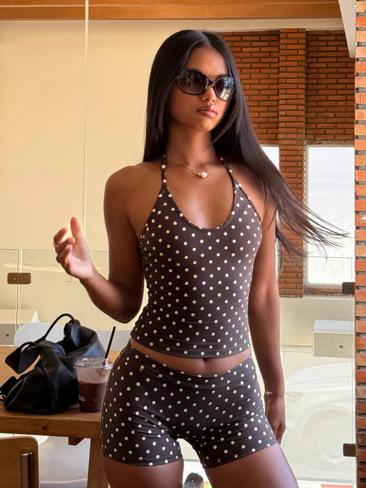 Weird Puss Polka Dot Print 2 Piece Set Women Trend Hottie Backless Halter Sleeveless Tank Top+Bike Short Fashion Street Clubwear