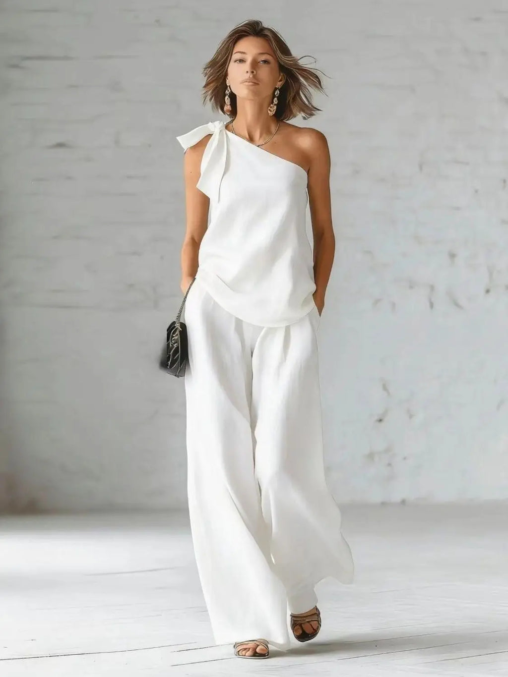 2026 Summer Sexy Off Shoulder Tank Tops Wide Leg Pants Two Piece Sets Casual Loose Solid High Waist Pants Sets Lace Tops Outfits
