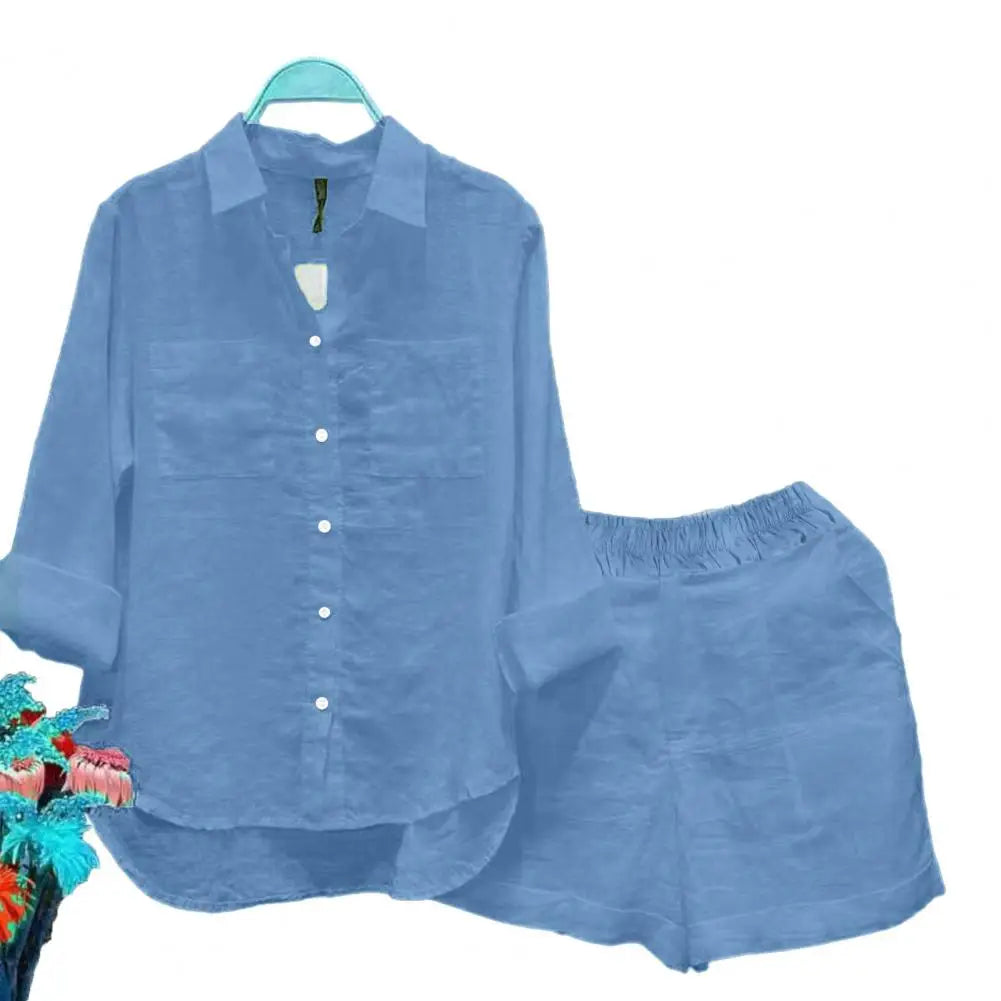 2 Pcs/Set Women Shirt Shorts Set Solid Color Loose Long Sleeves Elastic Waist Single-breasted Patch Pockets Irregular Hem Lapel