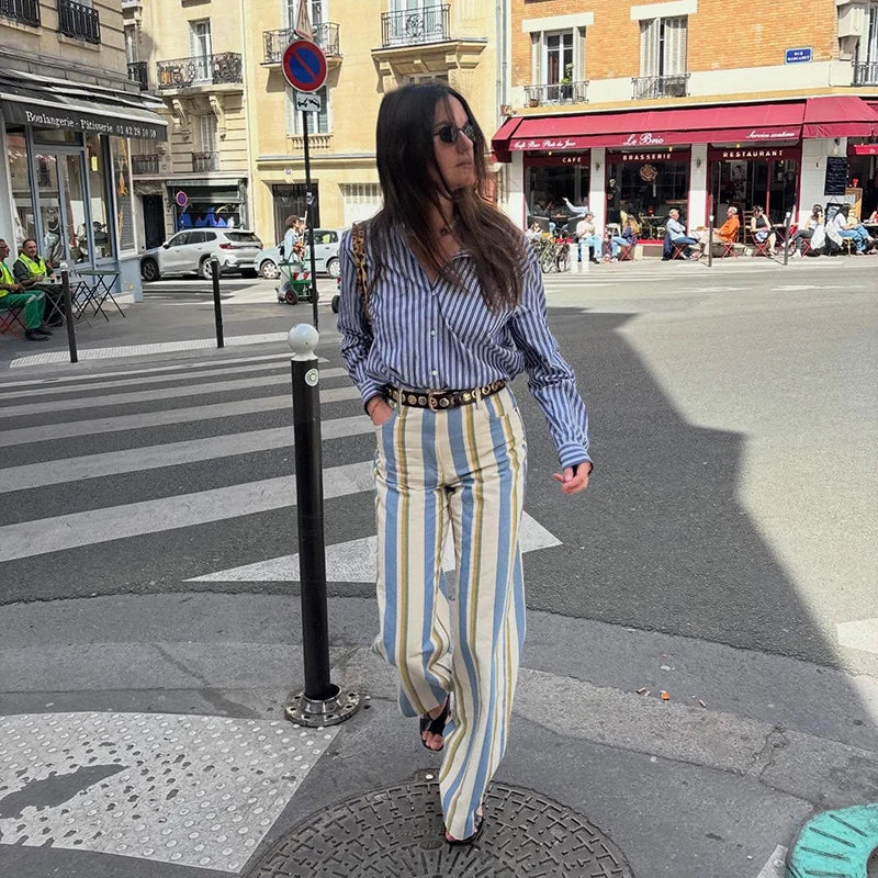 Casual Women's Red Striped Pants Button Zipper Double Pockets Straight Straight Leg Trouser 2026 Spring Summer Fashion Lady Pant