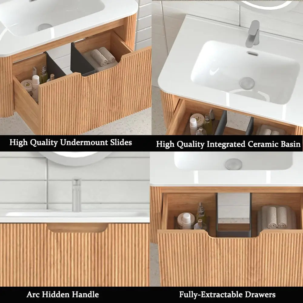 24'' Floating Bathroom Vanity with Sink, Wall Mounted Modern Bathroom Cabinet W/Curved Edges Stripes, Oak & Plywood,, Custom