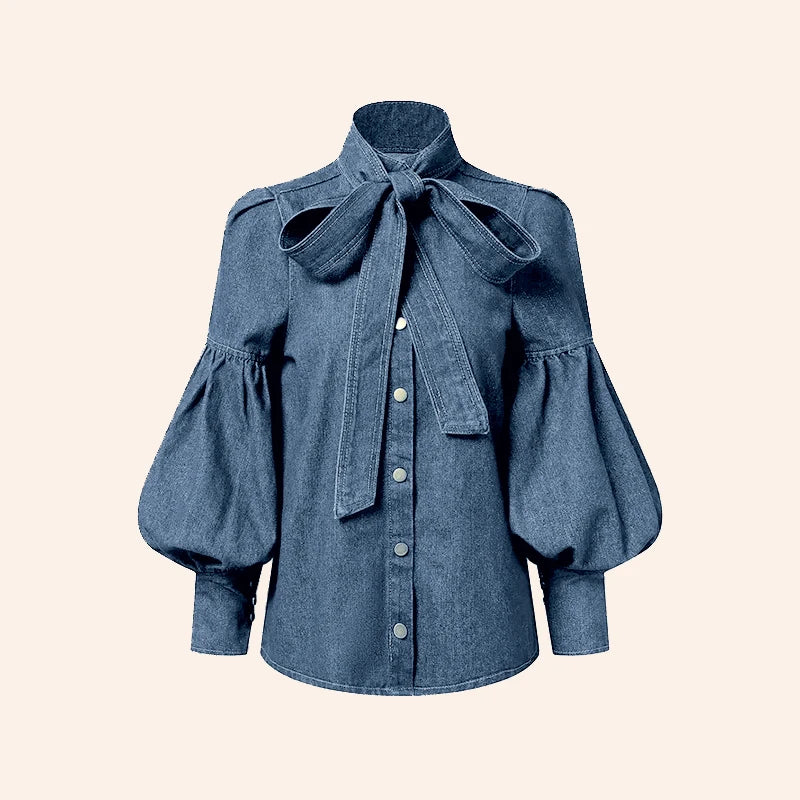 Gymystars New Trendy Imitation Denim Blouse Tops for Women Long Puff Sleeves Bow-Embellished High Neck Women's Autumn Shirts