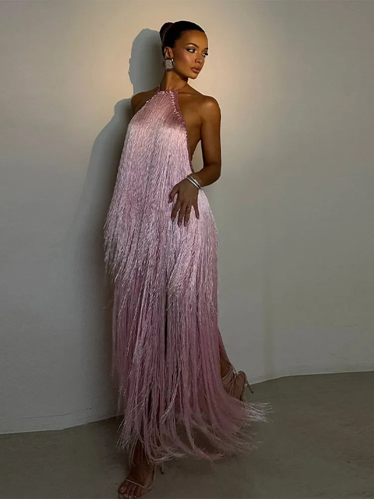 Party Women's Dress Halter Sleeveless Backless Tassel Solid Female Long Holiday Dresses 2026 Summer Fashion Elegant Lady Robe