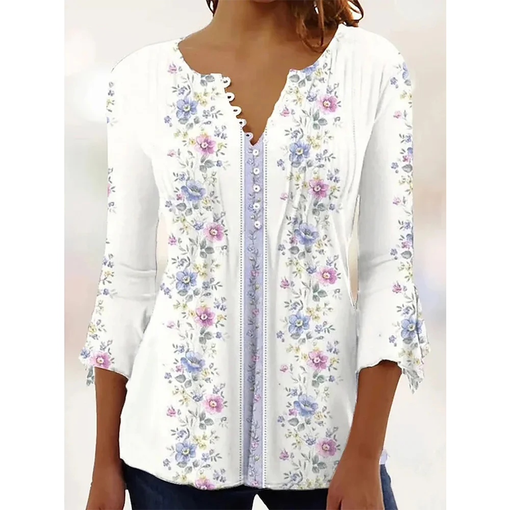 Summer Street Fashion Button-Down T-Shirt Loose Women'S Comfortable Clothing Shirt 3d Printed Trend Seven-Quarter Sleeve Top