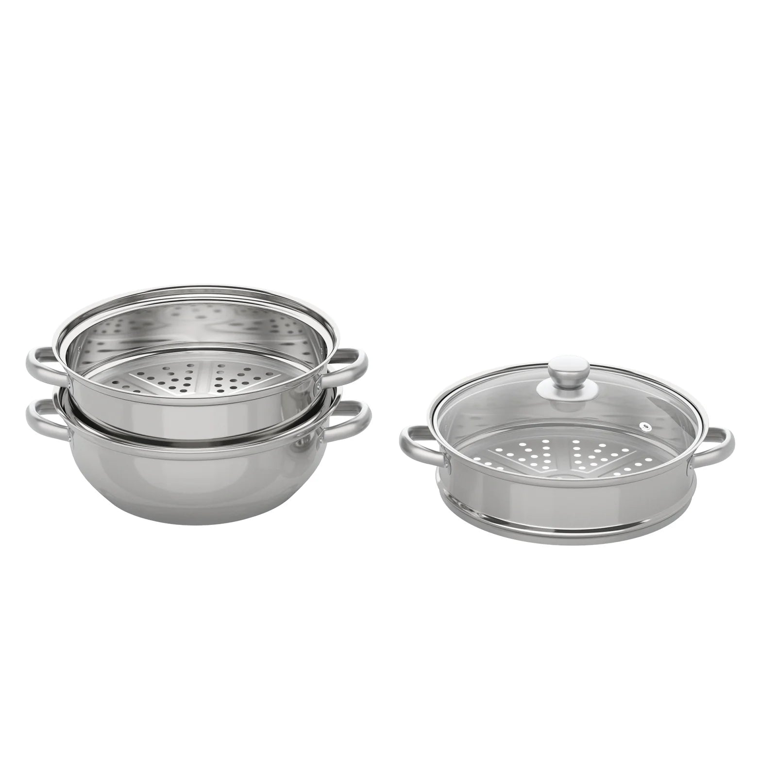 3 Tiers Stainless Steel Steamer 28cm Overlapping Steaming Pot Cookware Kitchen Soup Steamer Cooker Set Silver with Glass Lid
