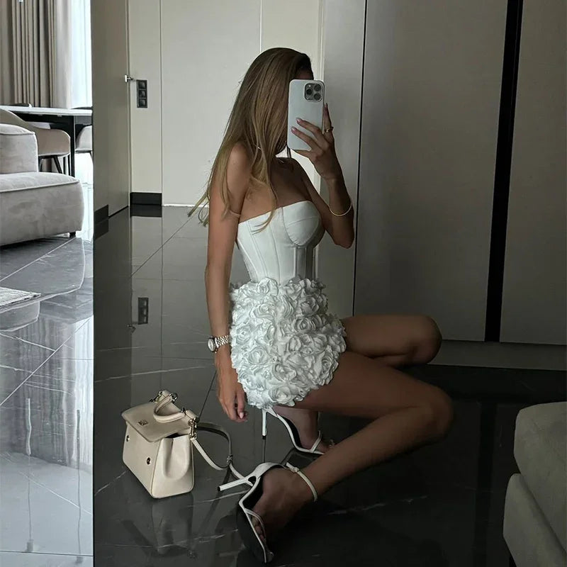 3D Flower Strapless Dresses Women Sexy Backless Sleeveless Tube Mini Dress 2026 Summer New Lady Elegant Bandage A-line Vestidos