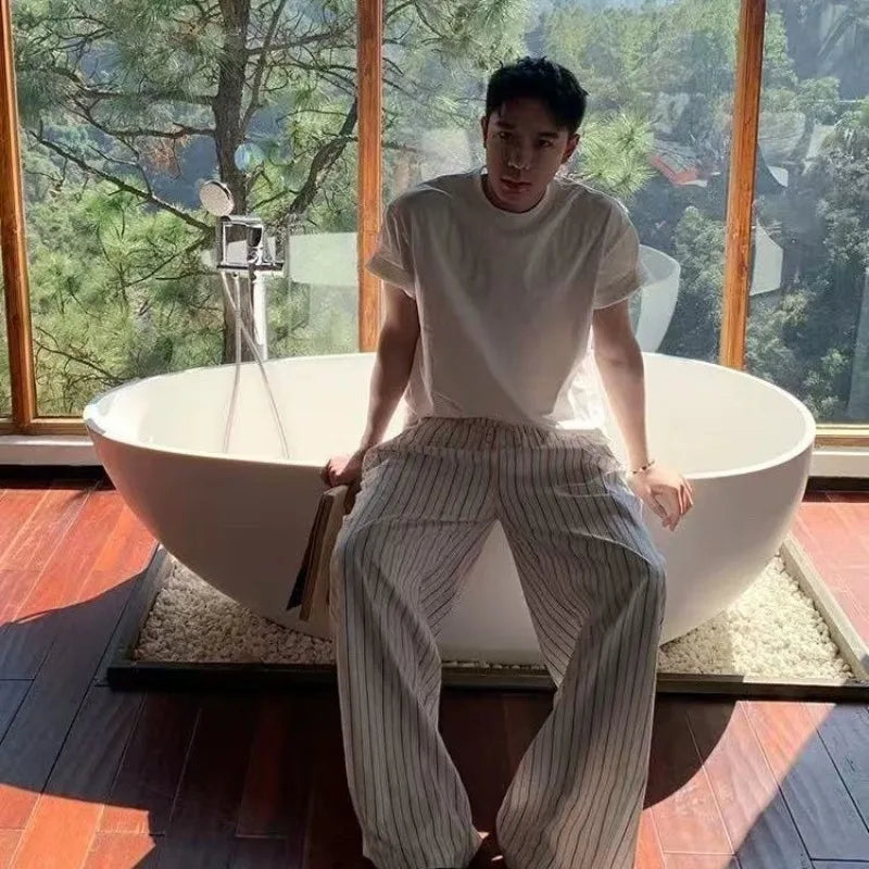 Classic Women Summer Vertical Striped Wide Leg Pants Elastic Drawstring High Waist Mini Embroidery Logo Loose Casual Trousers