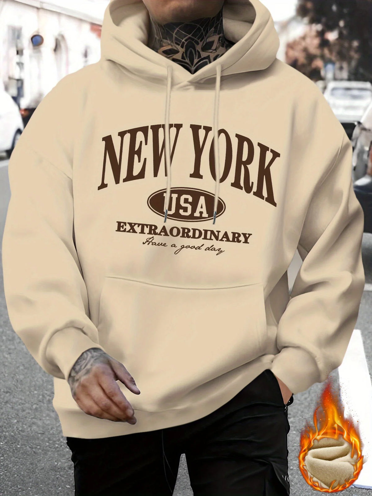 Men's New York Printed Casual Sweater Fashion Drawstring Hoodie Autumn and Winter Top Comfortable Versatile Long Sleeve Hooded Sweater (Niuwang Selection}
