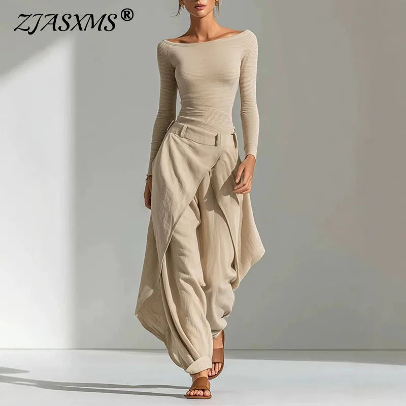 Women Solid Irregular 2 Piece Suit Off Shoulder Long Sleeve Slim Tops & Long Pants Set Autumn Casual Boho Spliced Tierred Outfit
