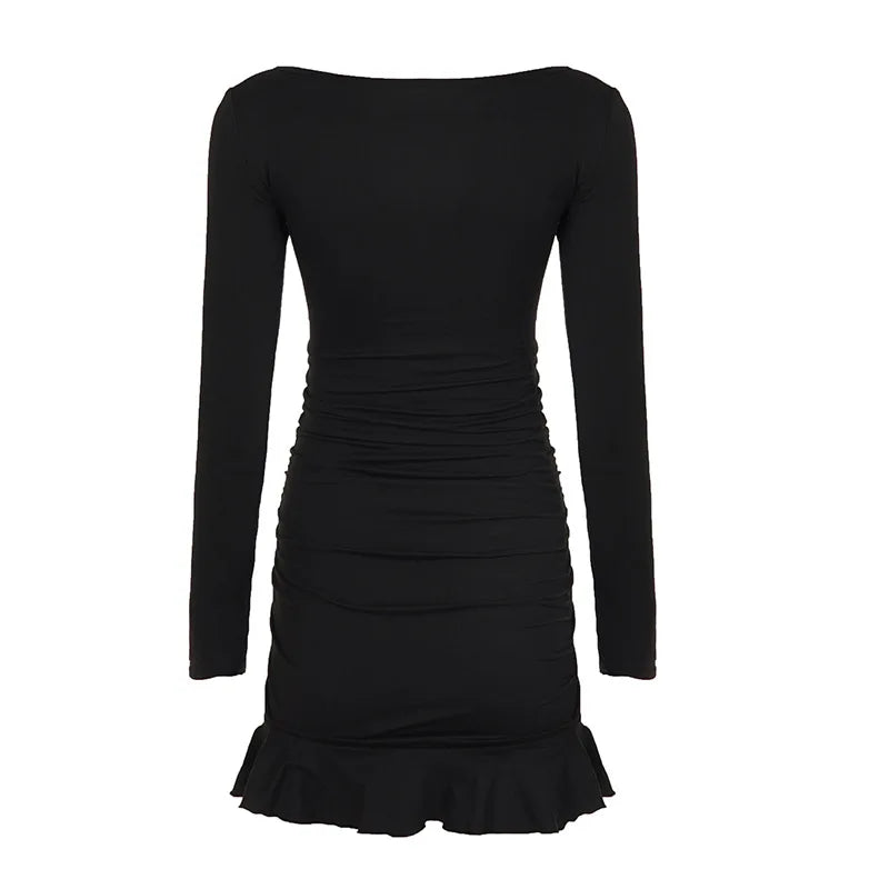 Fashionable Deep V-Neck Lace Panel Slim Fit Sexy Pleated Short Skirt Dress High Waist Milk Fiber Long Sleeve for Neutral Use