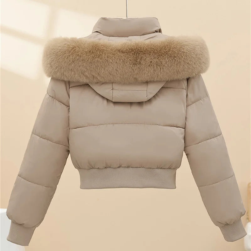 2026 Super-short Cotton-padded Jacket Women's Elastic-waist Winter Coats Fur Collar Hooded Parkas Streetwear Warm Slim Outerwear