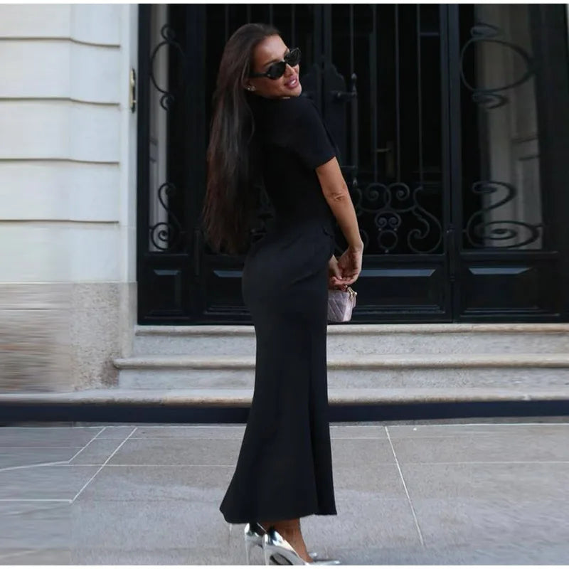 Fashion Lapel Short Sleeve Dress Women's Solid Color Single Breasted Slit Midi Dresses 2026 Summer New Lady Elegant Office Wear