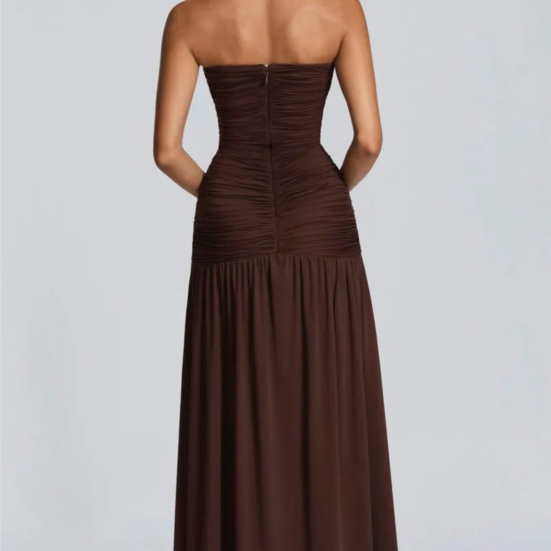 Elegant Lady Solid Maxi Dress Sleeveless Off Shoulder Deep V-neck High Split Pleated Satin Gown 2026 Women New Dinner Party Wear