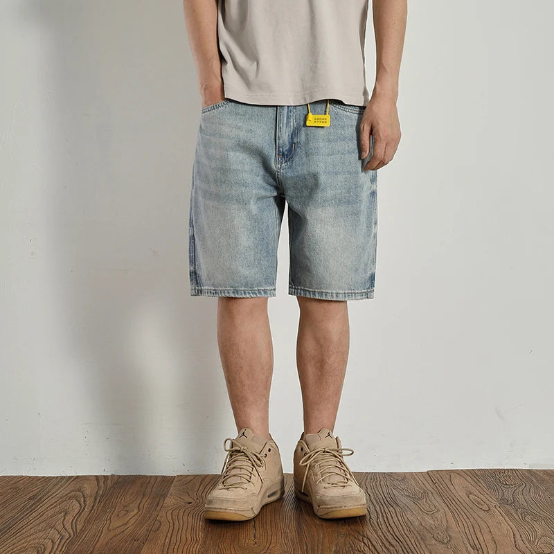 Retro classic summer casual medium pants five quarter pants fashion loose straight leg light denim shorts men's fashion