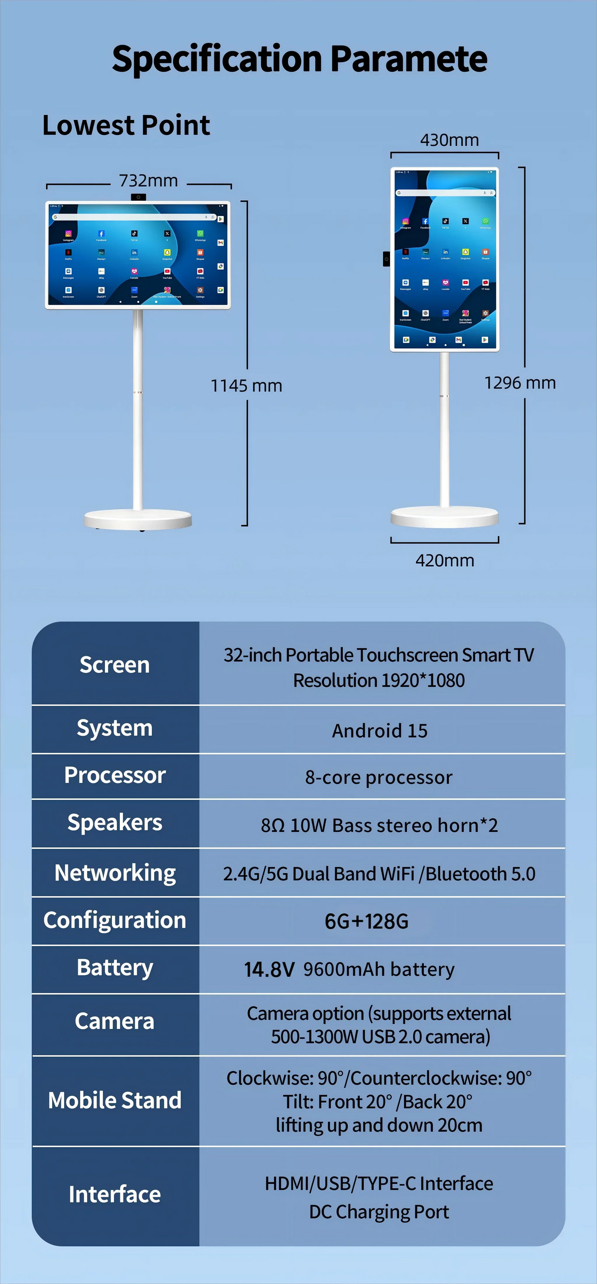 32” Android 15 Floor Stand TV, 6G+128G Smart Screen with Remote Controller, 2K Camera Video Call, Inbuit 148WH Battery Power