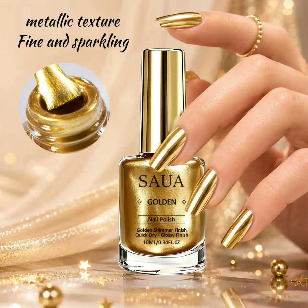 10ml Gold Metallic Nail Polish – Quick-Drying, No Lamp Required; Delivers a Long-Lasting, Natural Mirror-Like Metallic Finish.