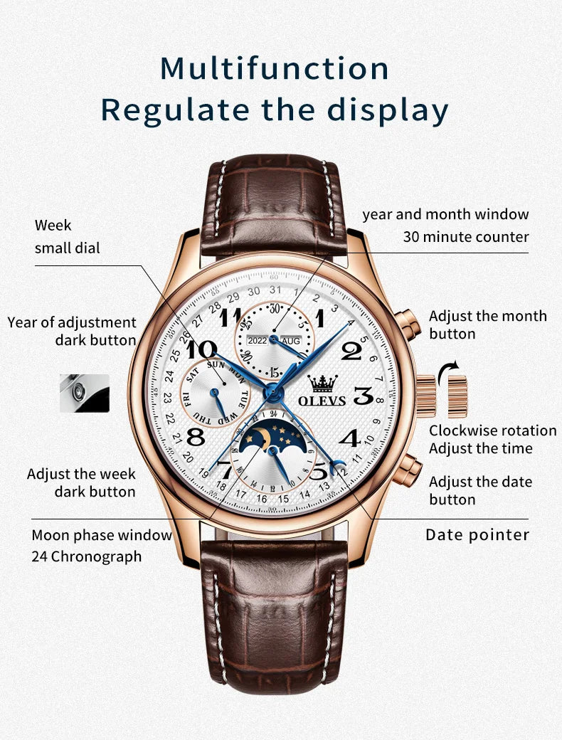 OLEVS 6667 Mens Watch Multifunctional Chronograph Mechanical Watch Leather Strap Moon Phase Watches For Man Luxury Original