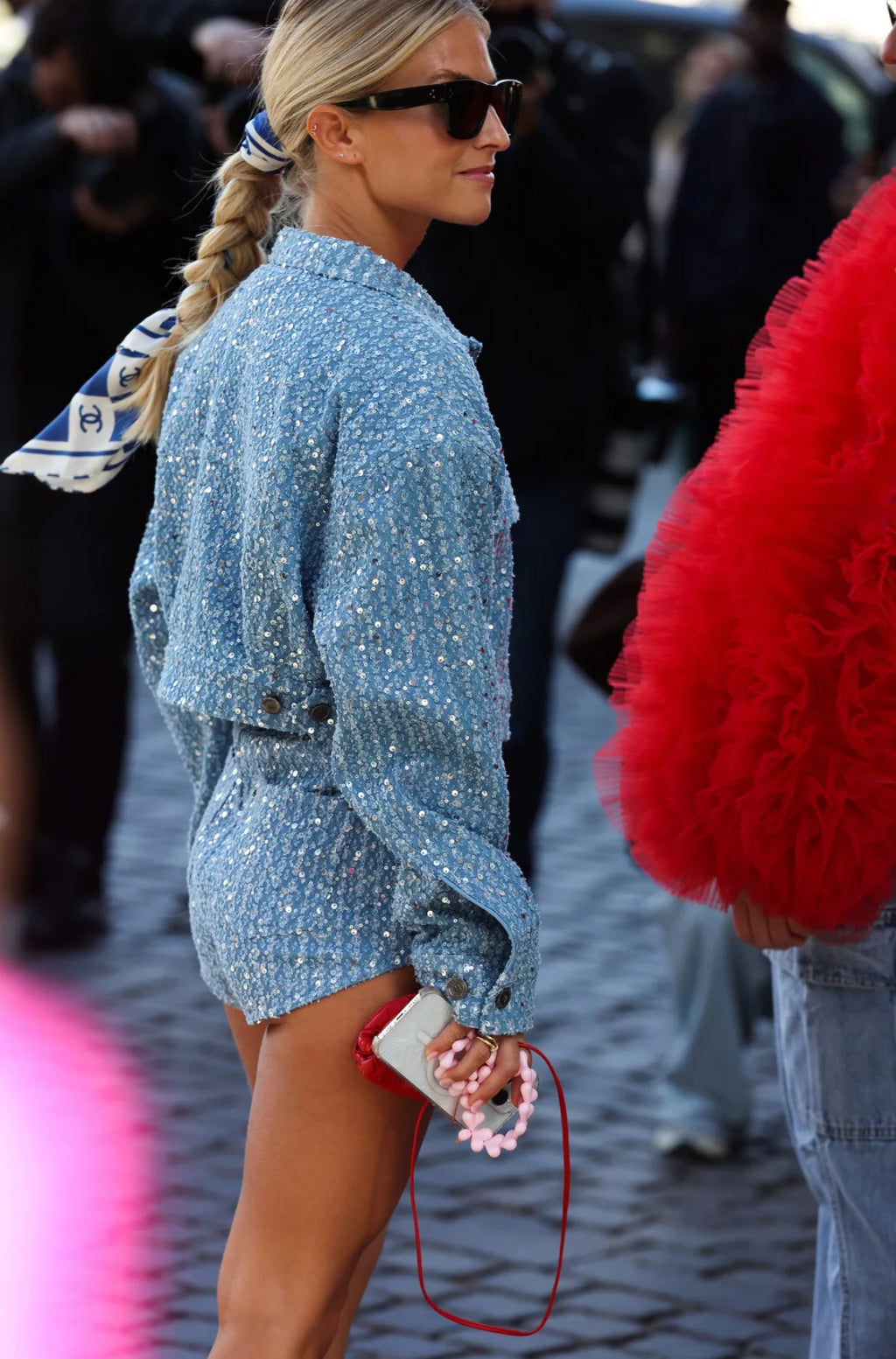 BKQU Denim Sequins 2 Piece Pants Set Women Fashion High Waist Shorts Lapel single-breasted Cropper Jackets Female Luxury Outfits