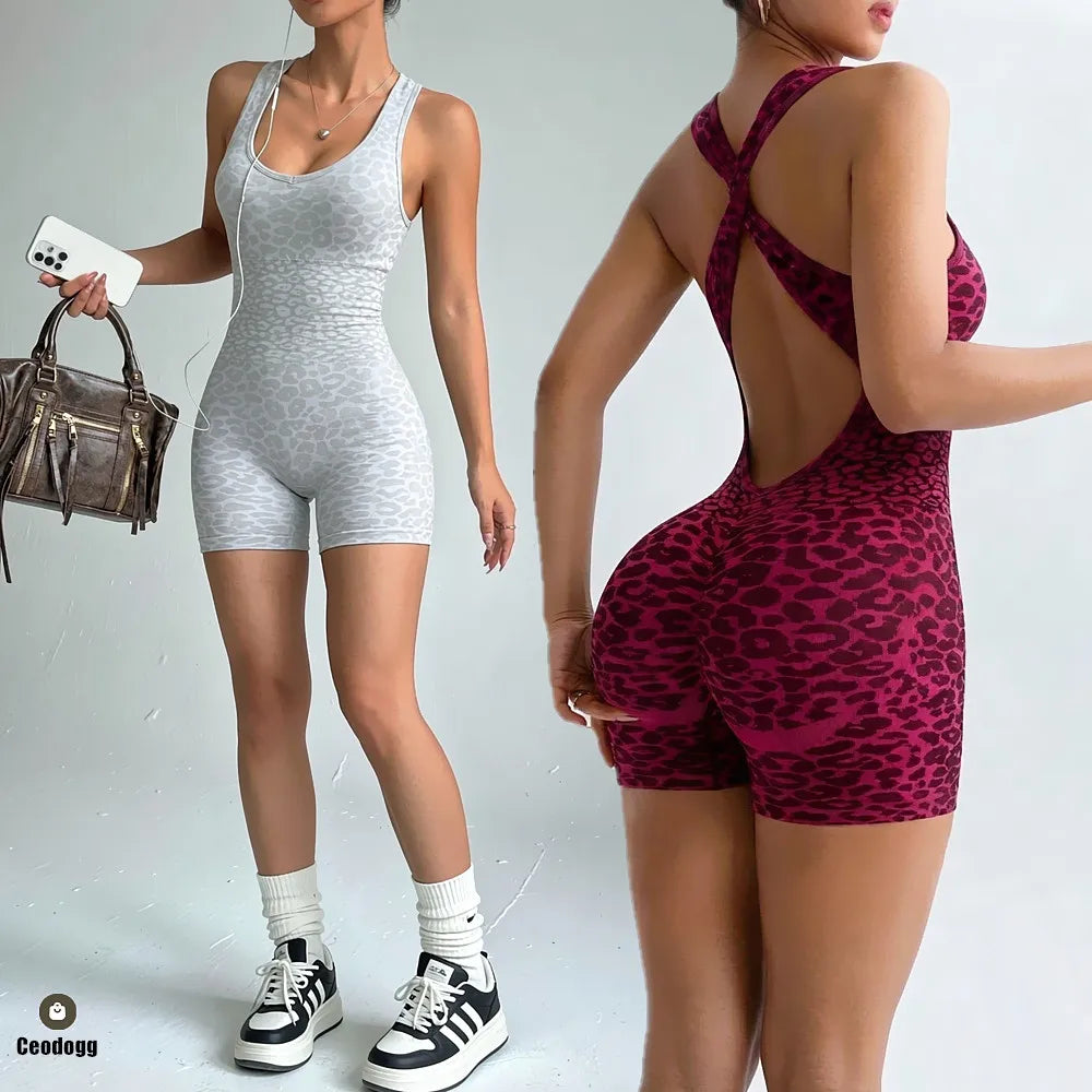 Pad Leopard Sports Yoga Set Jumpsuits Women Twist Back Shorts Bodysuit Female Tight Gym Running Fitness Overalls XP10