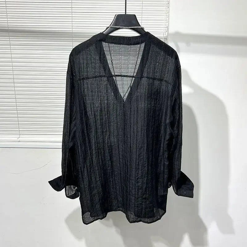 Simple Loose Hollowed-out Draped V-neck Loose Shirt for Men Solid Color Y2K Blouse Fashion Tops Chic Casual Male Clothes