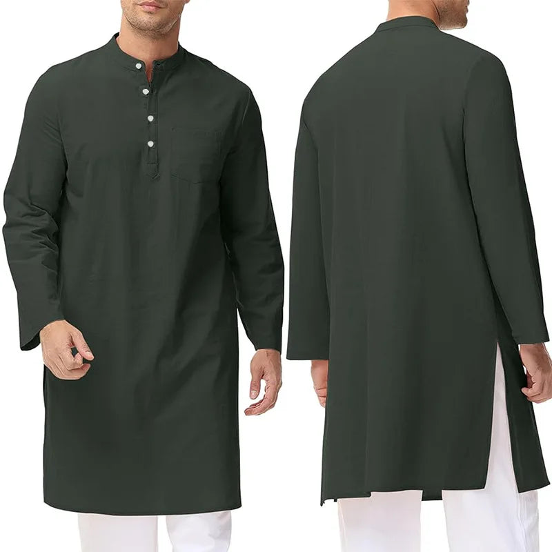 2025 New Fashion Men's Cotton Long Sleeve Stand Collar Knee Length Casual Trendy Solid Color Jubba Thobe Male Muslim Clothes
