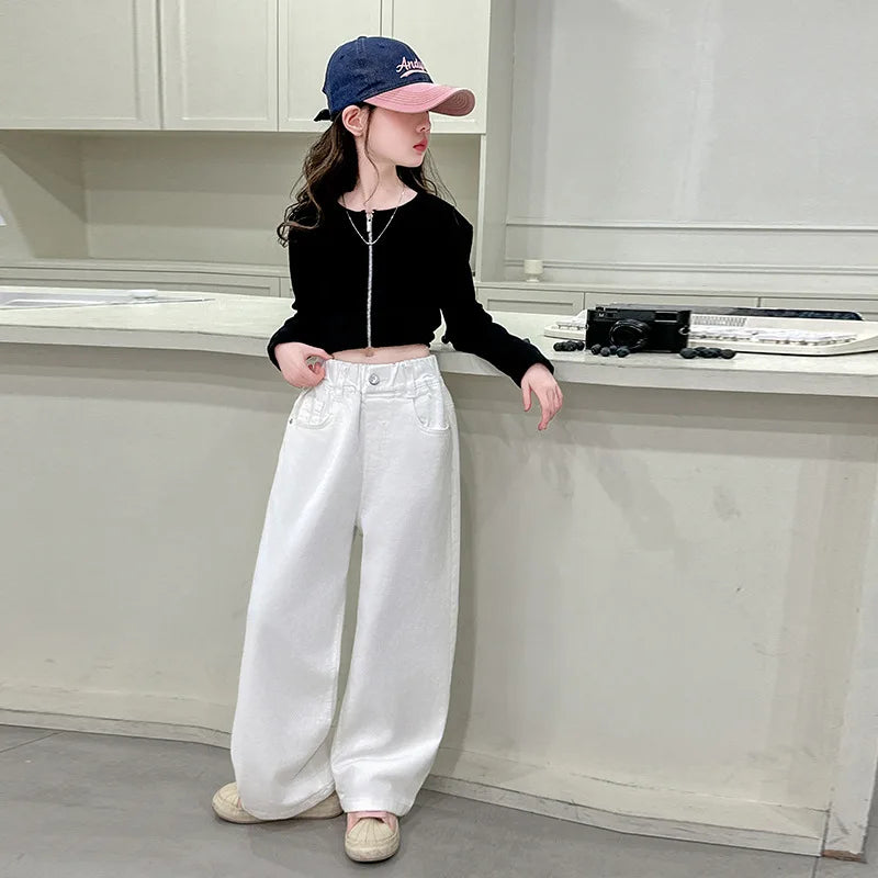Children Vintage White Straight Jeans with Bows For Girls New Spring Slim Loose Denim Pants Kids Teenager Casual Jeans Trousers