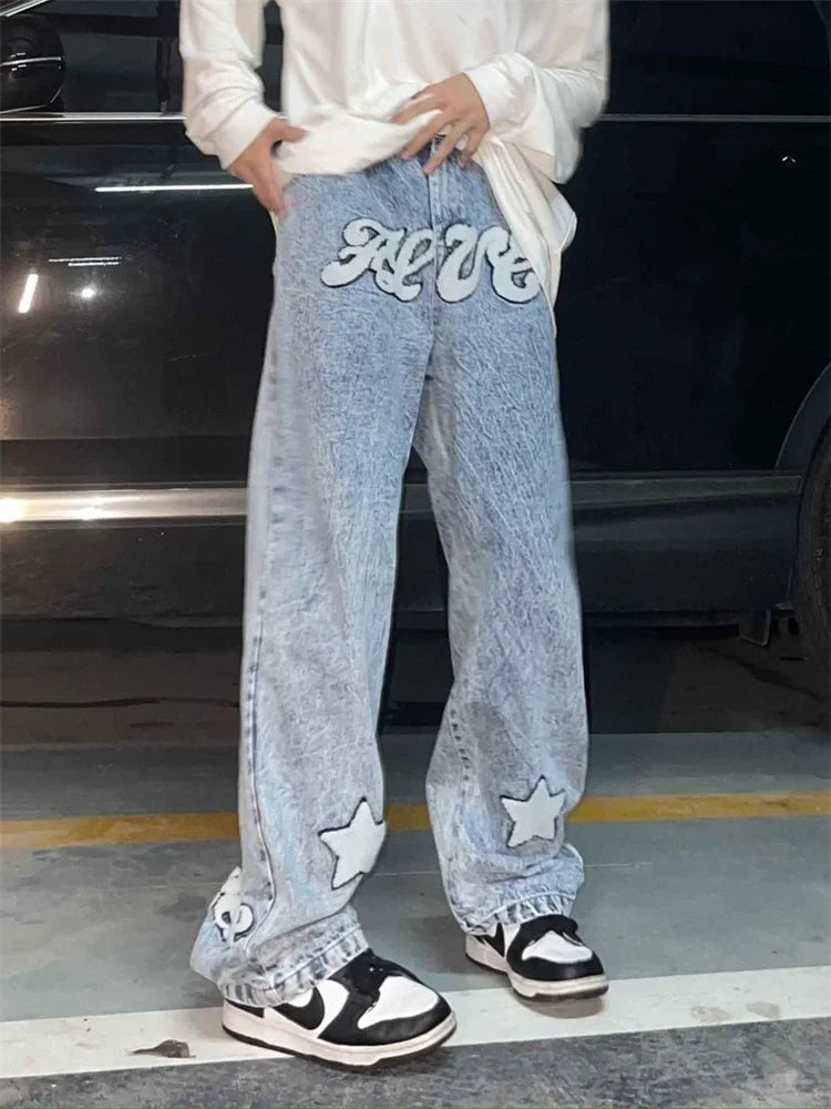Trousers Cross Men's Straight Jeans Neutral Denim Stitch Loose Wide Leg Men Jeans Quality Casual Baggy Trousers Street Hip Hop