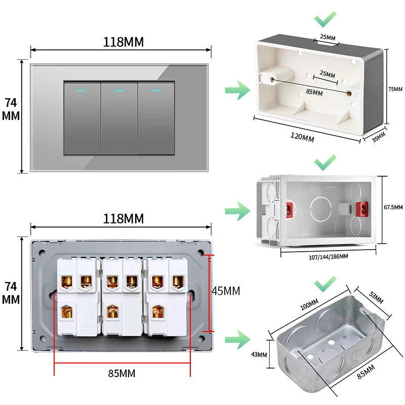 PSSRISE AU EU Brazil Italy US Standard 1/2/3/4/5/6 Gang 2 Way Wall light switch Tempered glass Panel Switch 118*74mm AC110-250V