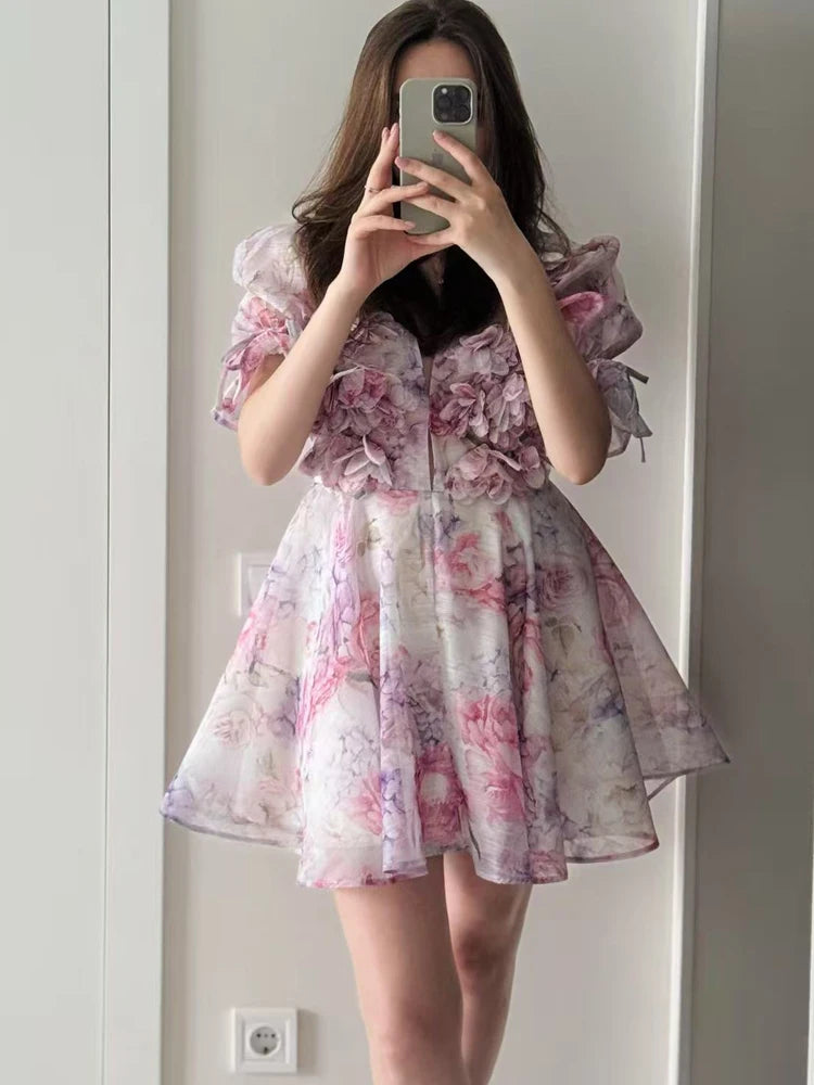 FSMG Sweet Pink 3D Flower Big Puff Sleeve V Neck Dress Fashion French Style High Waist A-line Mini Sexy Short Skirt Evening Robe
