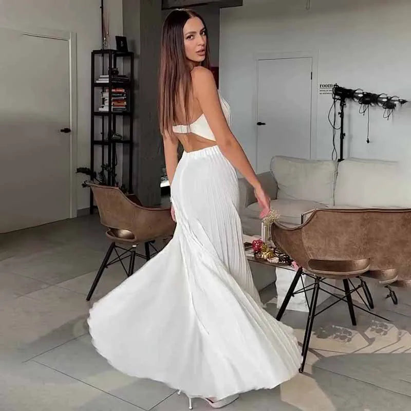 Elegant Solid Pleated Off Shoulder Long Dresses for Women Chic Sleeveless Backless Female Maxi Dress Summer New Beach Party Robe