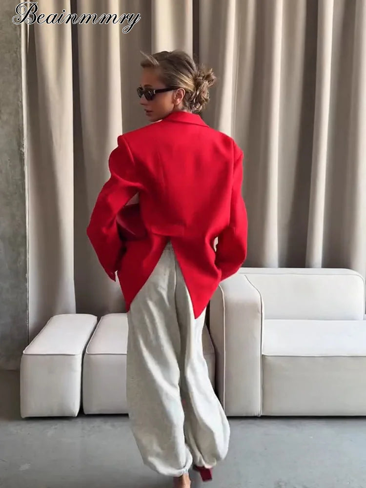 Women Red Fashion Blazer Jacket Lapel Collar Single Button Long Sleeve Loose Casual Coats Oversized Autumn Winter Street Outwear