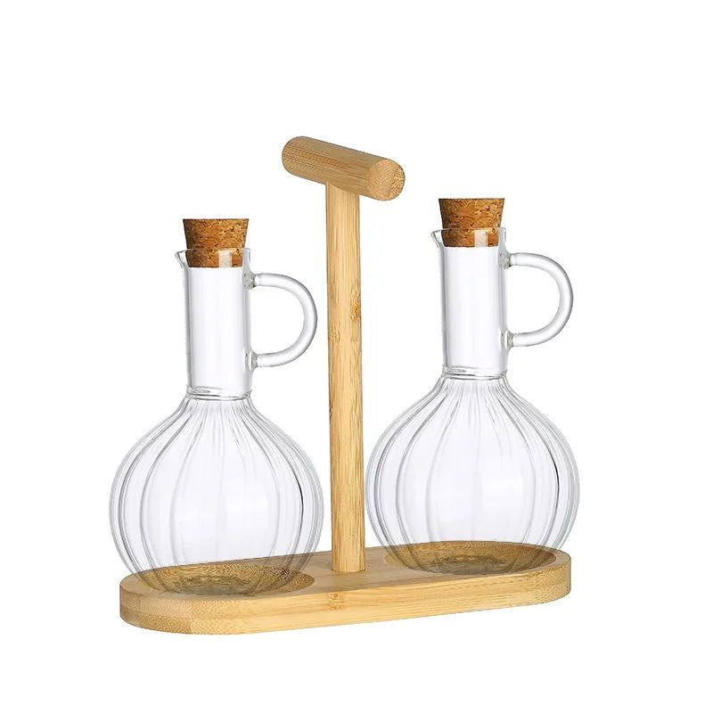 Household 300-350ml Heat-resistant Glass Oil Pot with Wooden Stand, Liquid Seasoning Bottle, Striped Sauce and Vinegar Oil Pot