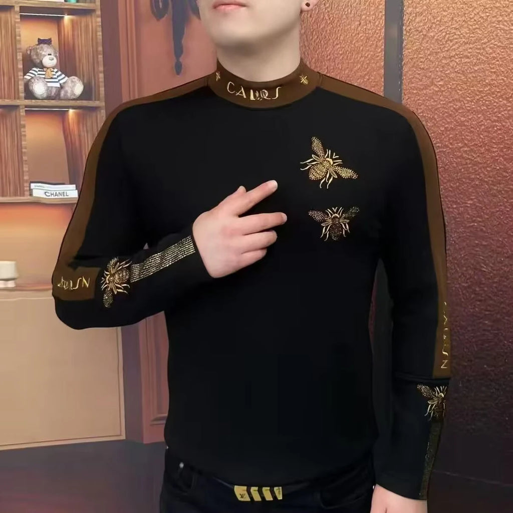 Winter Luxury Bee Embroidered T-shirt for Men Long Sleeve Thick and Warm Tshirts Casual Business T-shirts Streetwear Tee Tops
