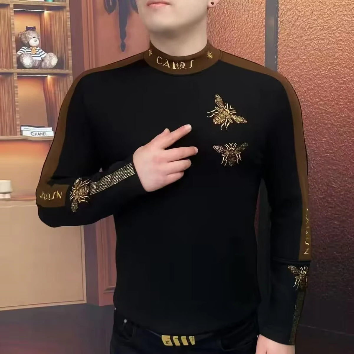 Winter Luxury Bee Embroidered T-shirt for Men Long Sleeve Thick and Warm Tshirts Casual Business T-shirts Streetwear Tee Tops