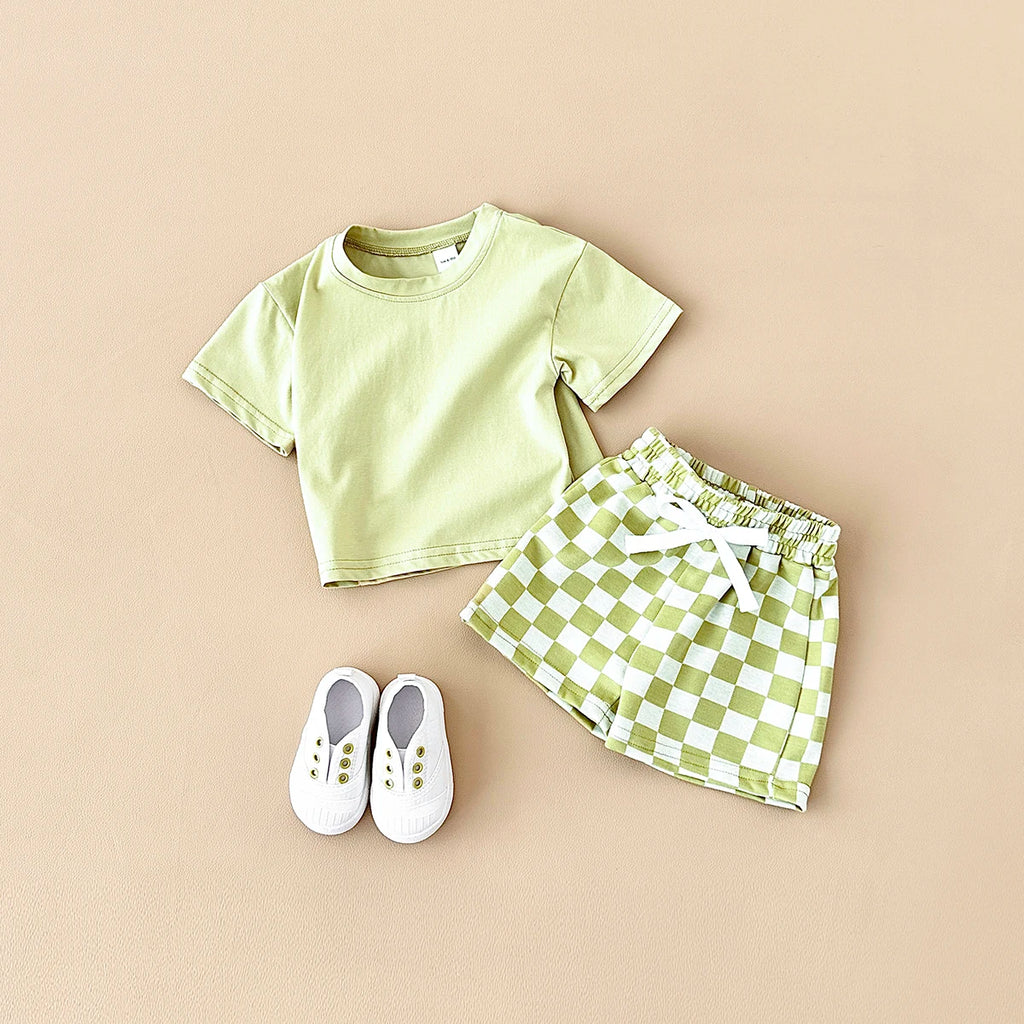 2PCS Kids Clothes Baby Boys Girls Solid Color Short Sleeve T-shirt Plaid Pattern Shorts Sets Baby Clothing Sets 0-3Y